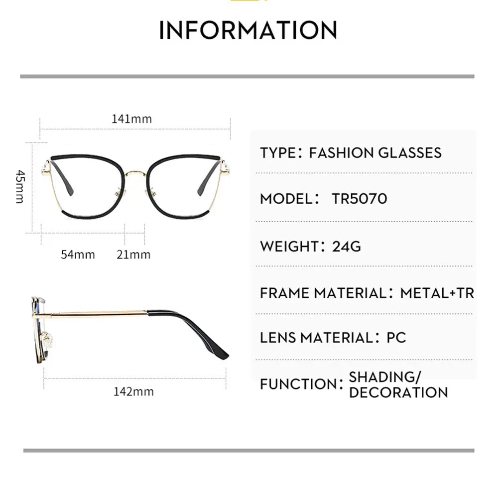 JNPCXI Retro Oversized Cat Eye Women Metal Glasses Frame Fashion Clear Anti-Blu-Ray Eyewear Men Optical Computer Square Frames