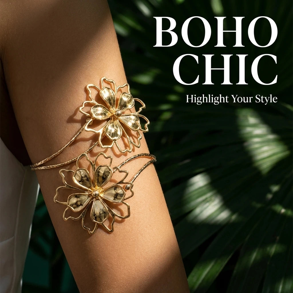 Irregular Hollow Flower Arm Cuff Bracelet Vintage Pattern Upper Arm Band Bangle Summer Beach Women Jewelry Accessories