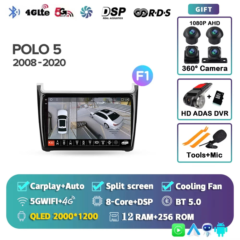 For Volkswagen POLO 5 2008 - 2020 Android 15 12+256GB Car Radio Carplay Auto Multimedia Stereo Video Player GPS Navigation