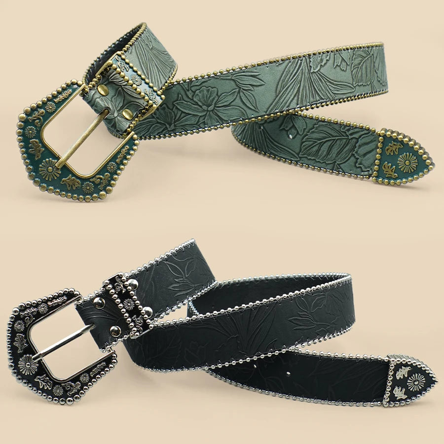 Bohemian Women's Belt with Metal Bead Accents - Vintage Carved Buckle & Leaf-Engraved Chain Detailing for Casual Elegance