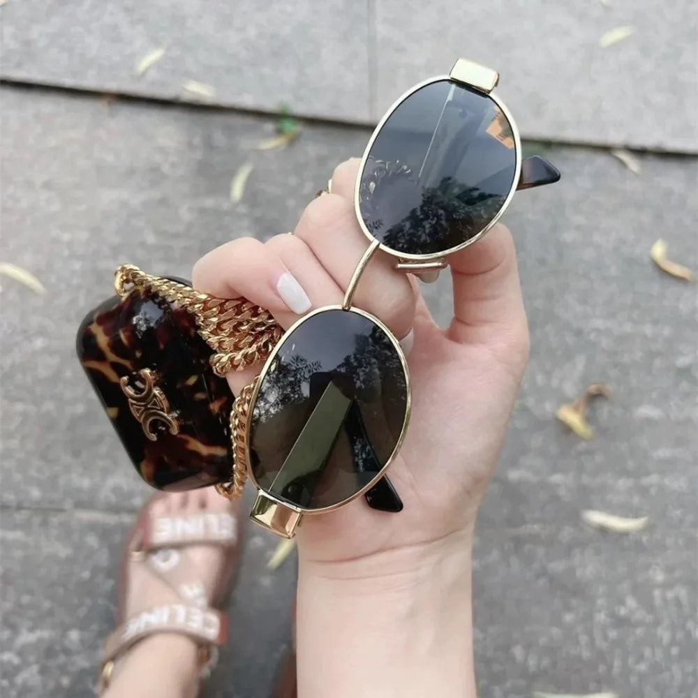 Small Oval Frame Advanced Sunglasses Spicy Girls Street Photo Shades Metal Future Style Eyewear