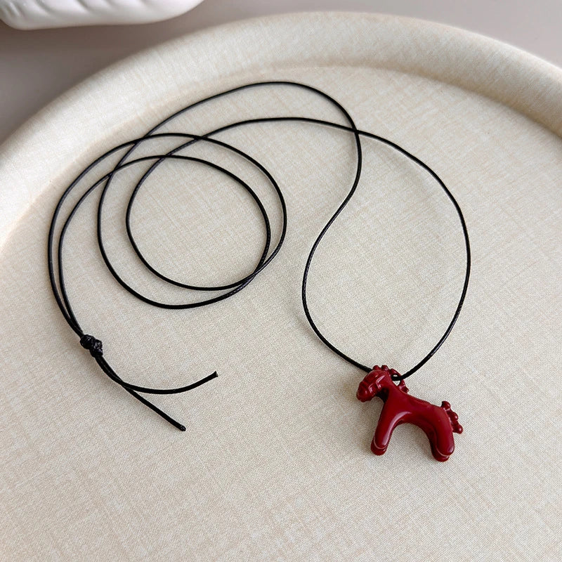 Funny Cartoon Colorful Horse Pendant Necklace for Women Adjustable Black Wax Rope Long Sweater Chain Accessories Fashion Jewelry