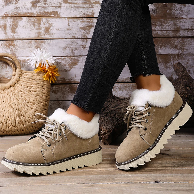 Faux Fur Non Slip Sole Snow Boots Women Autumn Winter Suede Lace Up Plush Sneakers Woman Warm Thick Sole Cotton Padded Shoes 43