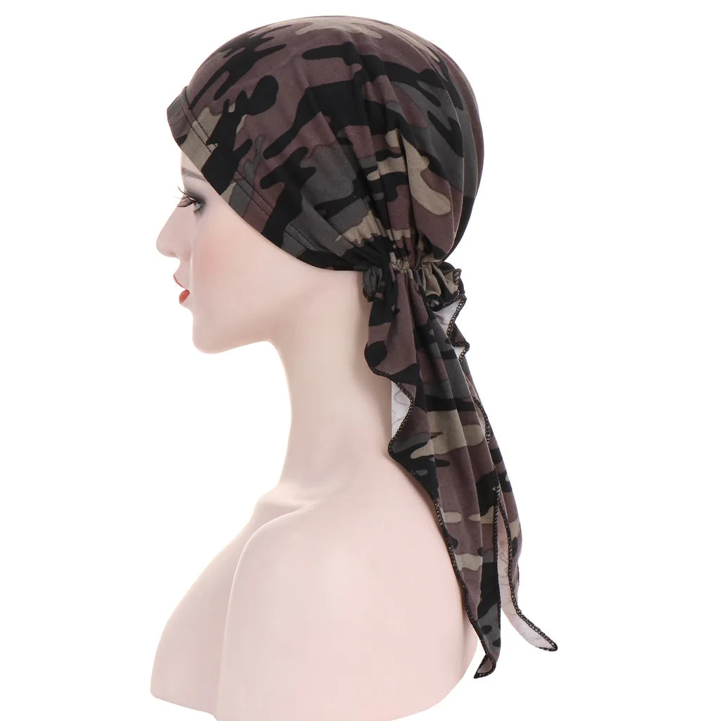 Trendy Print Women Muslim Hijab Caps Wrap Head Soft Elastic Long Tail Turban Bonnet Fashion Headdress Wearable
