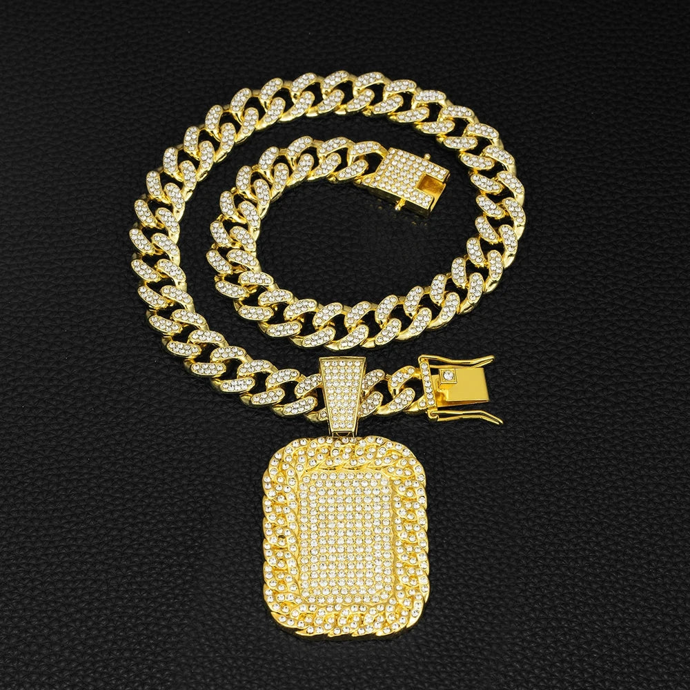 Hip Hop Luxury Big Square Pendant Necklace Set Men's Cuban Chain Iced Out Bling Rock Party Necklaces Birthday Gift Charm Jewelry