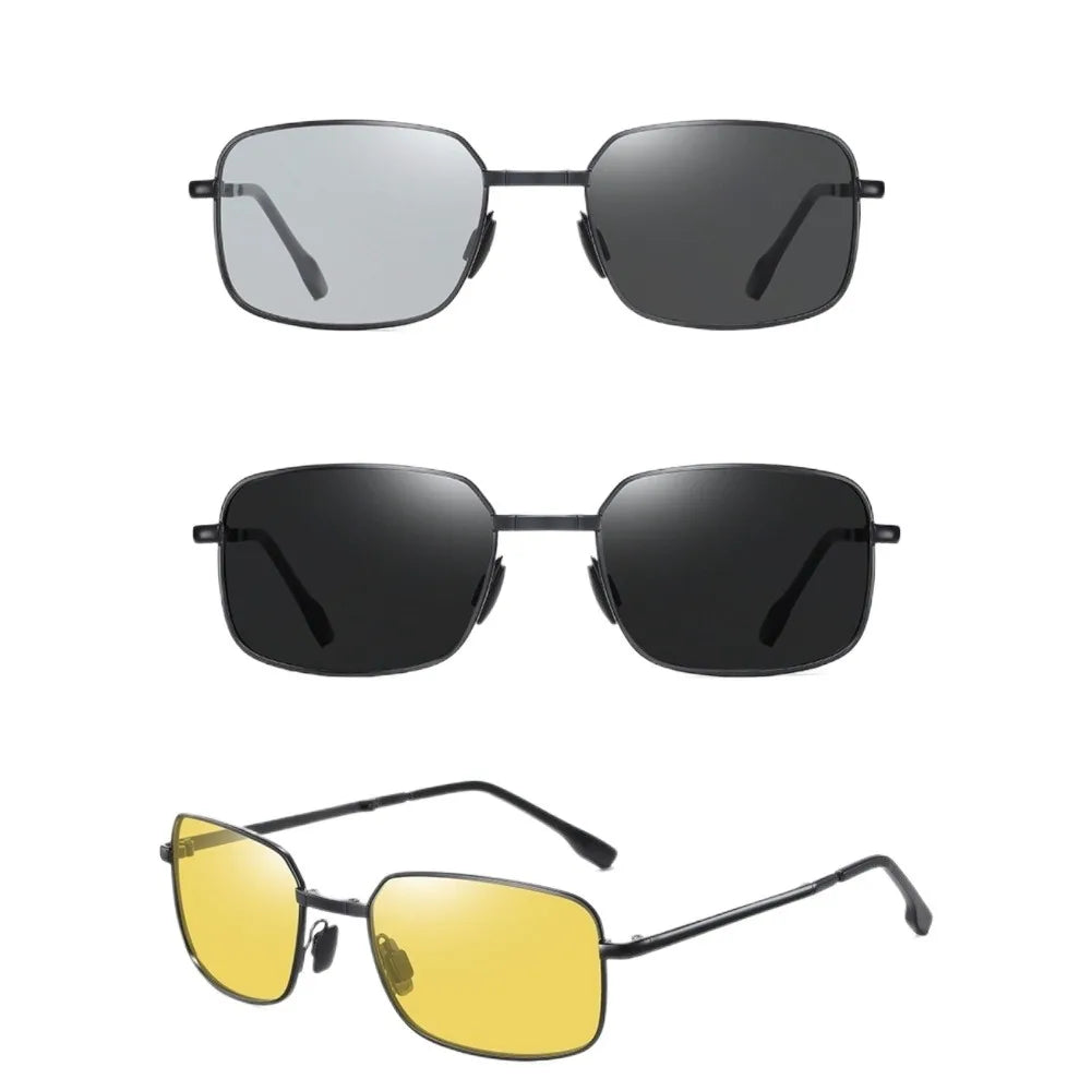 3PC Fashion Folding Photochromic Sunglasses Outdoor Polarized Driving Sunglasses Driving with Alloy Frame Square Glasses for Men