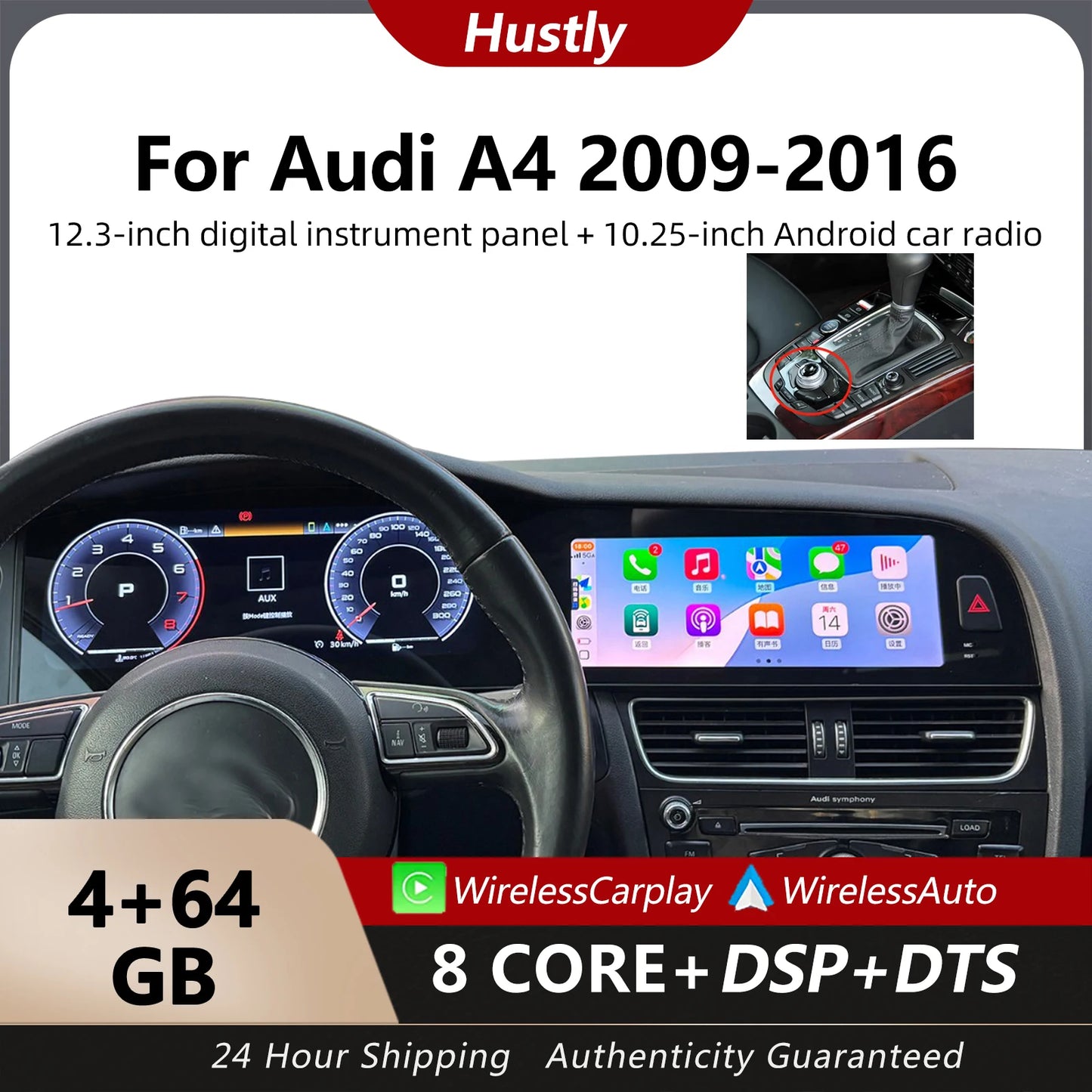 For Audi A4 2009-2016 digital instrument panel, speedometer, Android radio, wireless CarPlay, GPS navigation 4+64GB