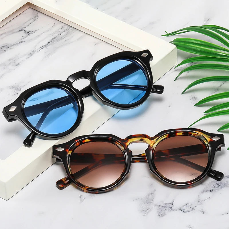 JNPCXI New Fashion Round Sunglasses Women Punk Leopard Gradient Shades Men Trending Rivets Sun Glasses UV400