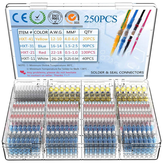 250PCS Solder Seal Wire Connectors Insulated Waterproof Electrical Wire Terminals Heat Shrink Solder Butt Connectors Solder