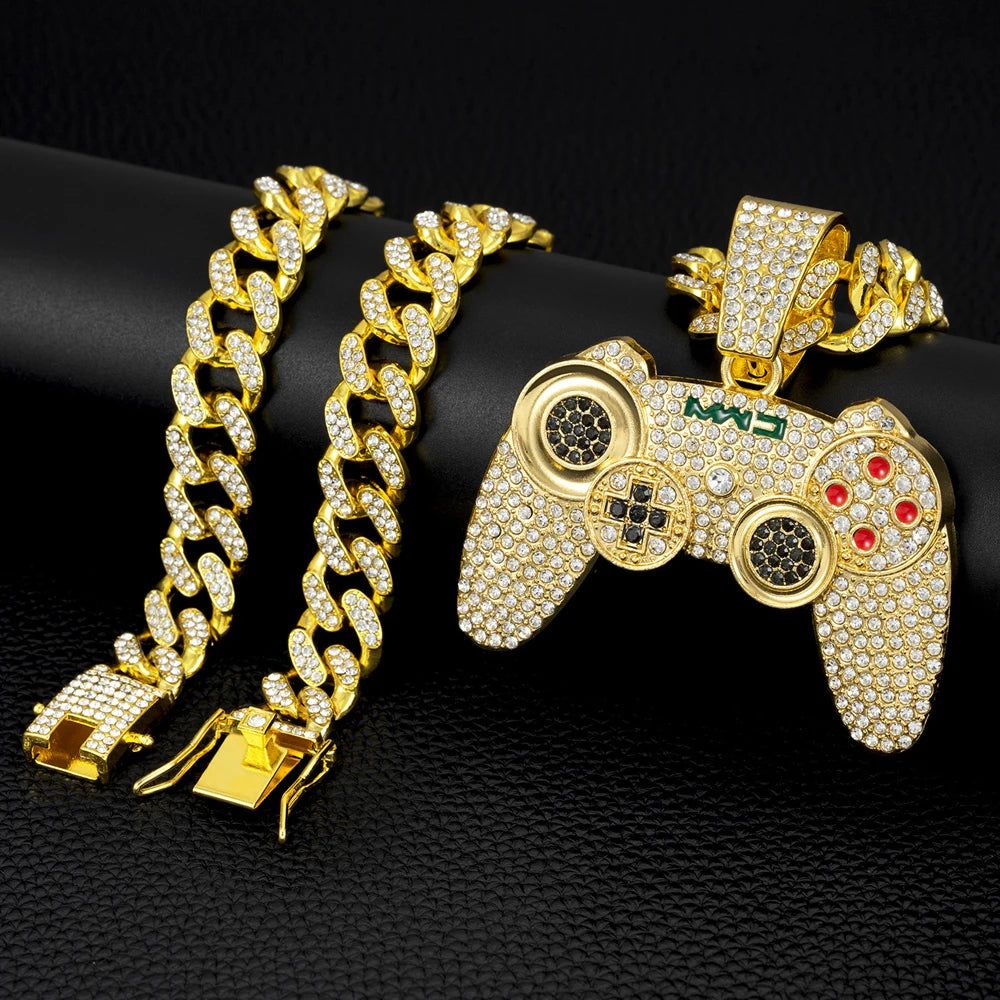 Men Hip Hop Game Machine Pendant Necklace With 13mm Crystal Play Game Controller Cuban Chain Necklace Fashion Cool Jewelry Gifts