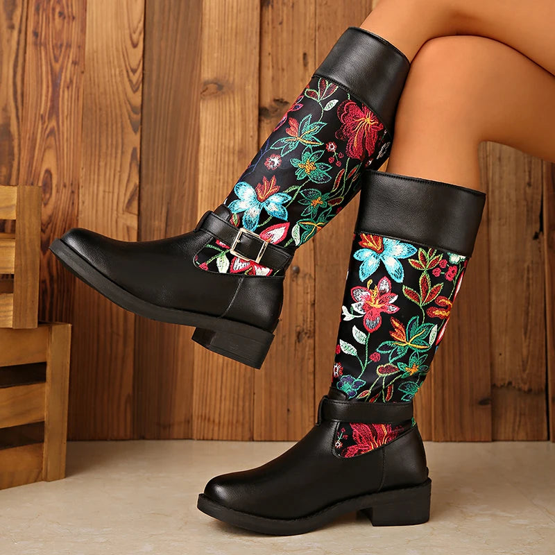 Flowers Print Knee High Boots Women Plus Size 35-43 Thick Heels Long Boots Woman Back Zipper Decor Bohemian Knight Botas Mujer