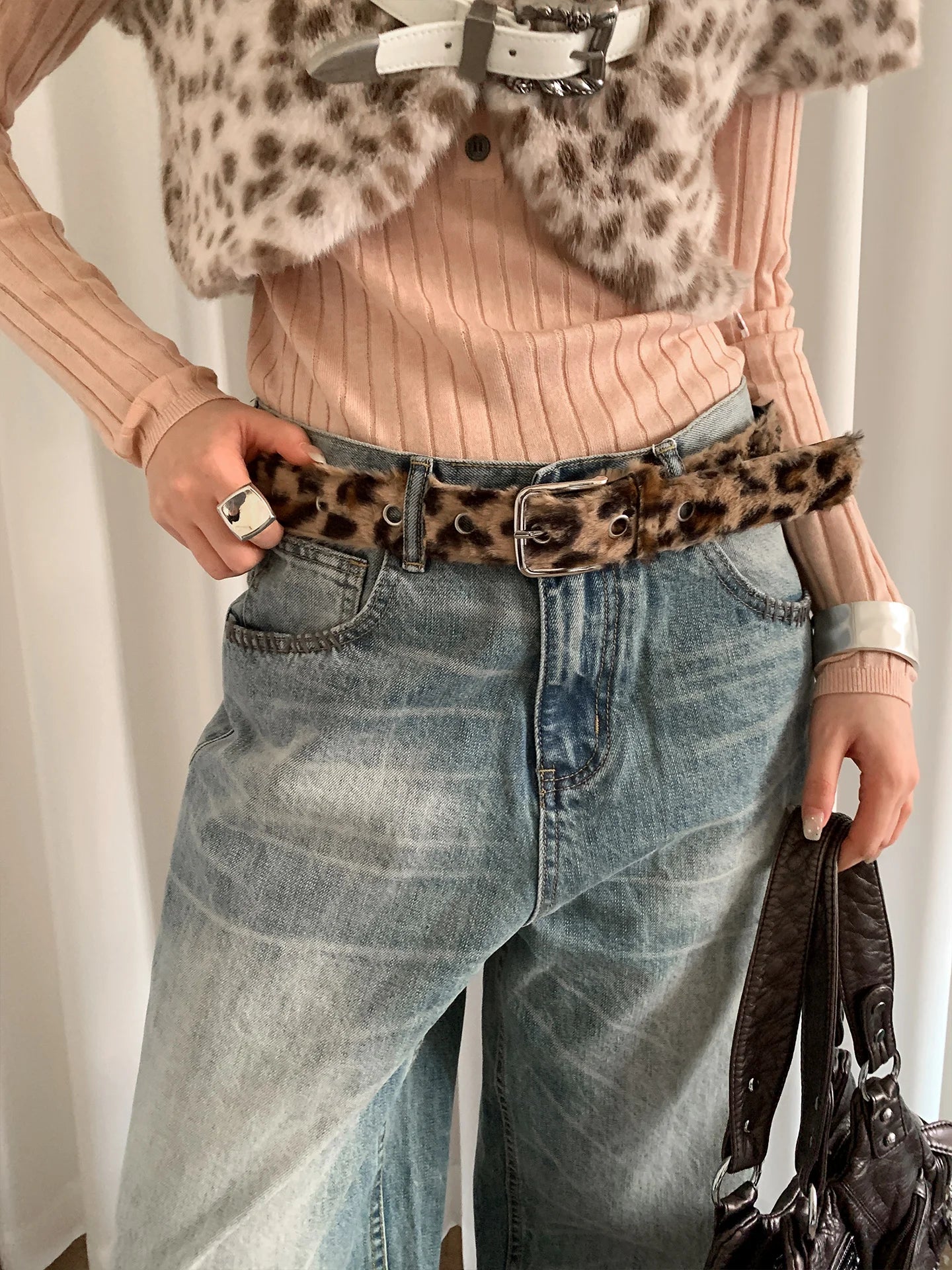 American Sexy Girl Style Pink Leopard Print Belt For Women With Skirt Jeans With Decoration Fluffy Waist Belt
