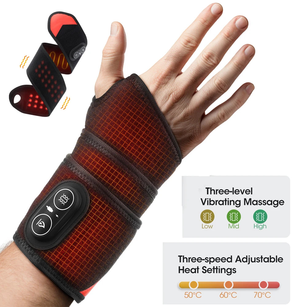 Cordless 36pcs LED Beads 660&850nm Red Light Heating Protect Belt 3 Levels Heating Vibration Hand Wrist Wrap for Leg Arm Ankle