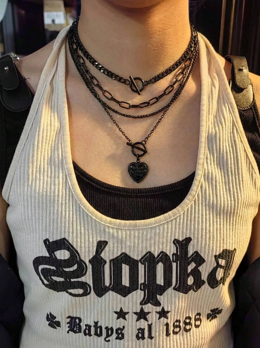 4Pcs/Set Goth Punk Black Heart Star Tassel Pendant Choker Necklace for Women Vintage Metal Thick Chain Y2K Jewelry Accessories