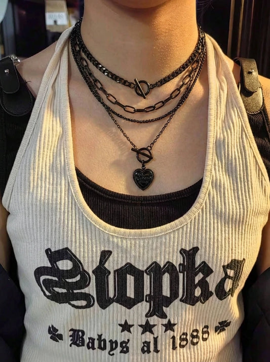 4Pcs/Set Goth Punk Black Heart Star Tassel Pendant Choker Necklace for Women Vintage Metal Thick Chain Y2K Jewelry Accessories