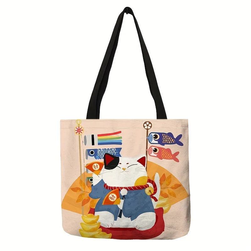 1pc Cute Cat Print Tote Bag, Lucky Fortune Shoulder Bag, Women's Fashion Handbag