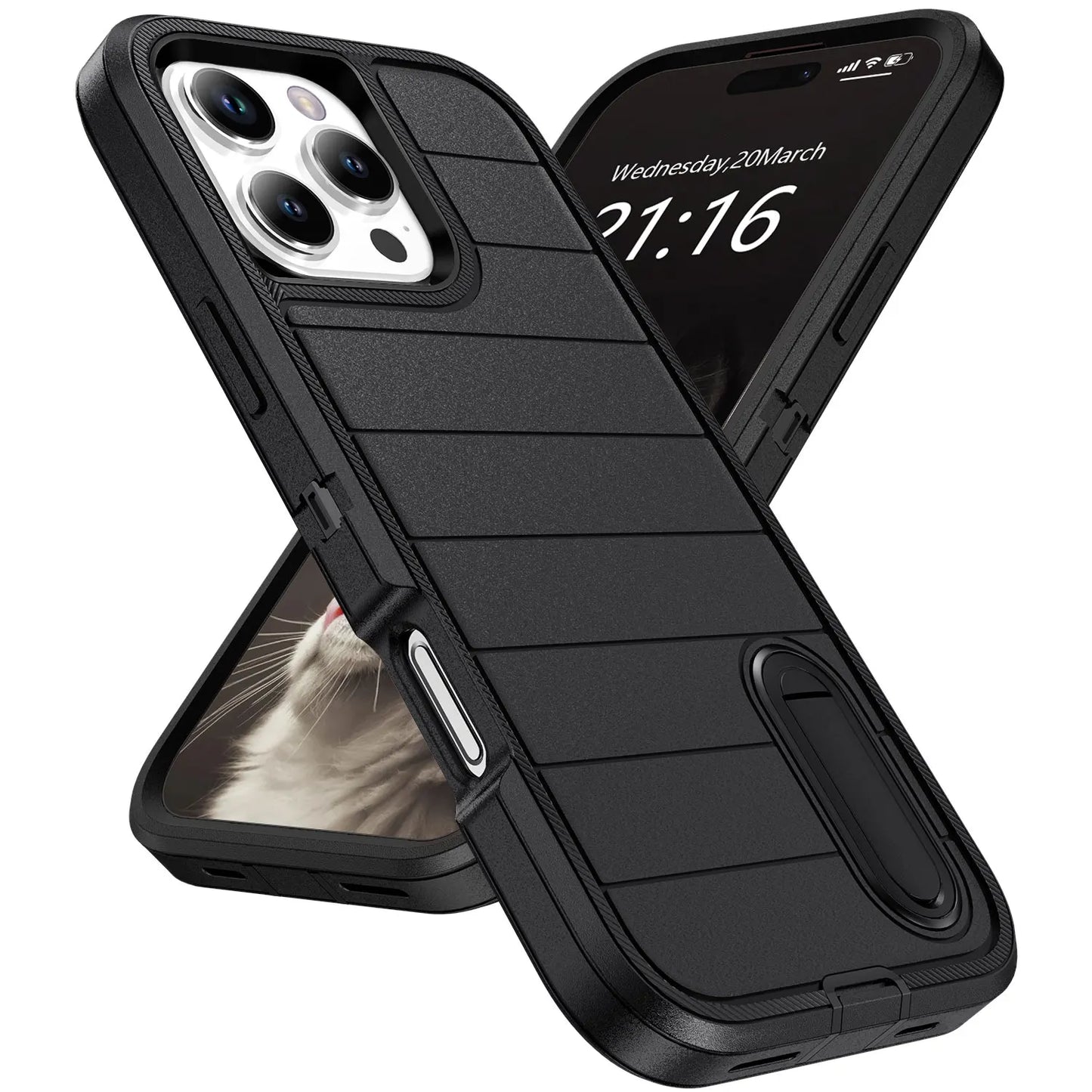 iPhone 16/16 Plus/16 Pro/16 Pro Max Case 3-Layer Heavy Duty Kickstand Cover