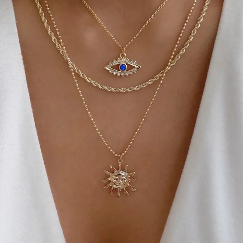 Classic Turkish Evil Eye Pendant Necklace for Women Men Vintage Lucky Blue Eyes Palm Sun Multilayer Neck Chain Choker Jewelry