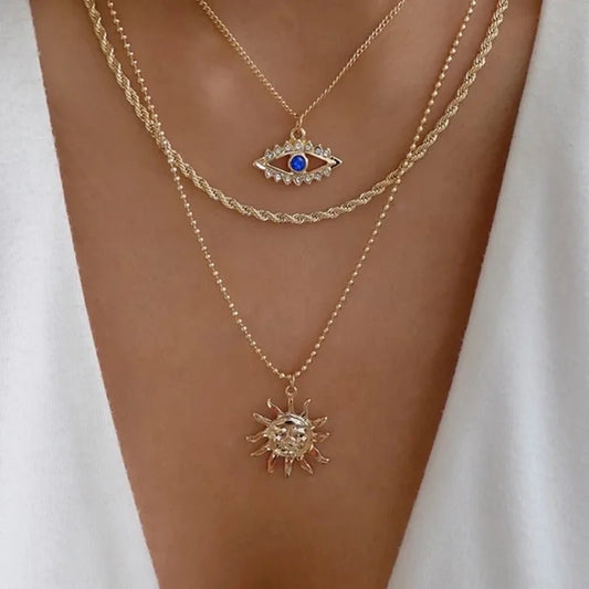 Classic Turkish Evil Eye Pendant Necklace for Women Men Vintage Lucky Blue Eyes Palm Sun Multilayer Neck Chain Choker Jewelry