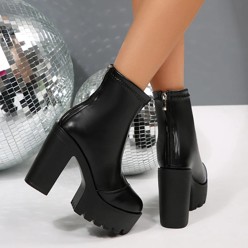 Chunky High Heels Ankle Boots Women Fashion Punk Thick Heel Black Short Booties Mujer Back Zipper Pu Leather Goth Boots Female