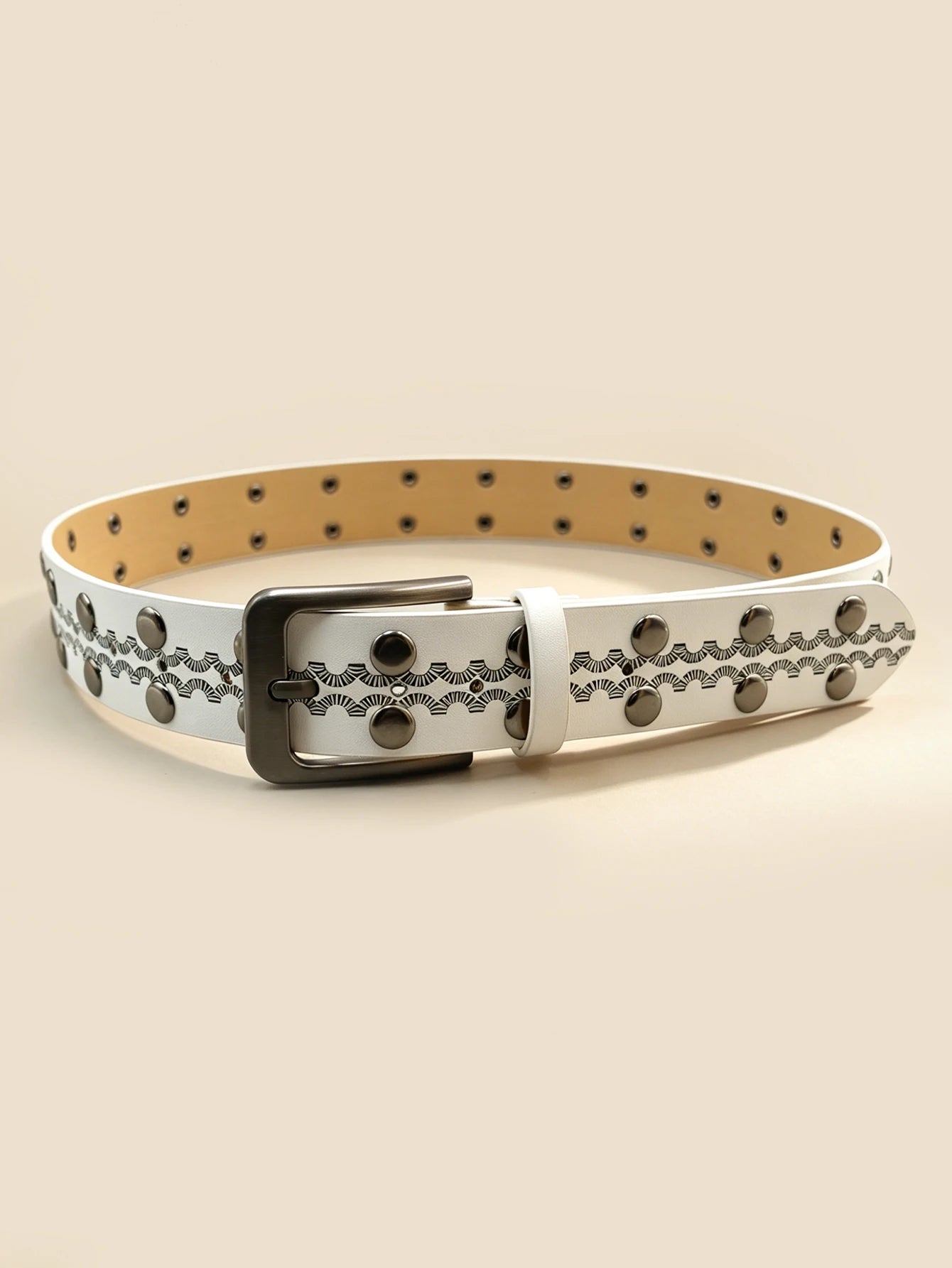 White Vintage Rivet Printed Belt, Gunmetal Square Buckle Embossed Unisex Casual Waistband