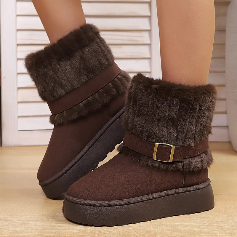 Fluffy Fur Non Slip Snow Boots Women Fashion Buckle Thick Bottom Warm Ankle Boots Woman Faux Fur Platform Winter Booties 36-43