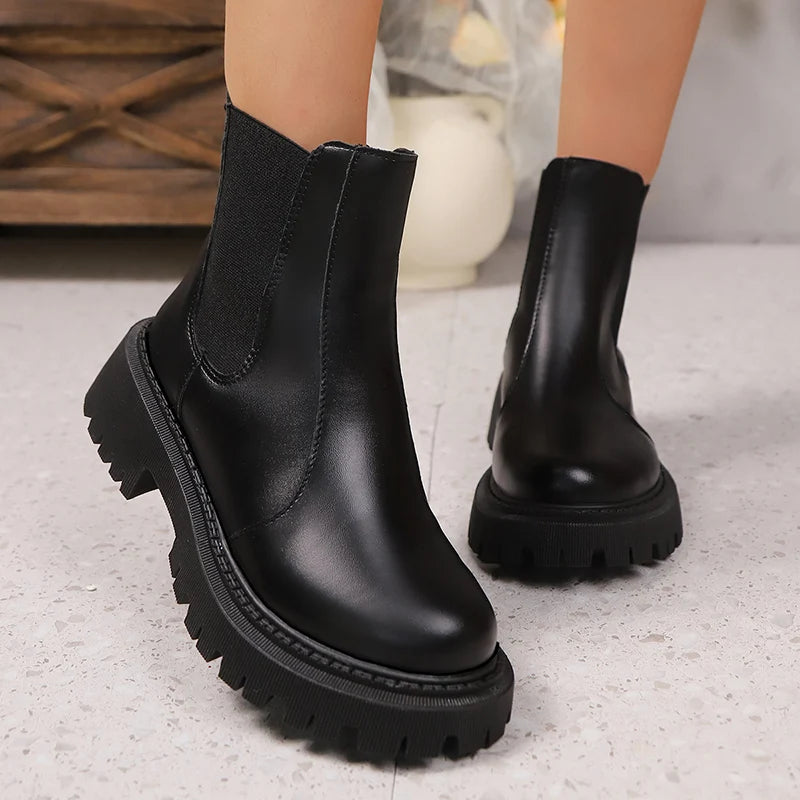 Black Pu Leather Platform Chelsea Boots Women Fashion Elastic Band Thick Sole Ankle Boots Woman Plus Size 42 Short Booties Mujer