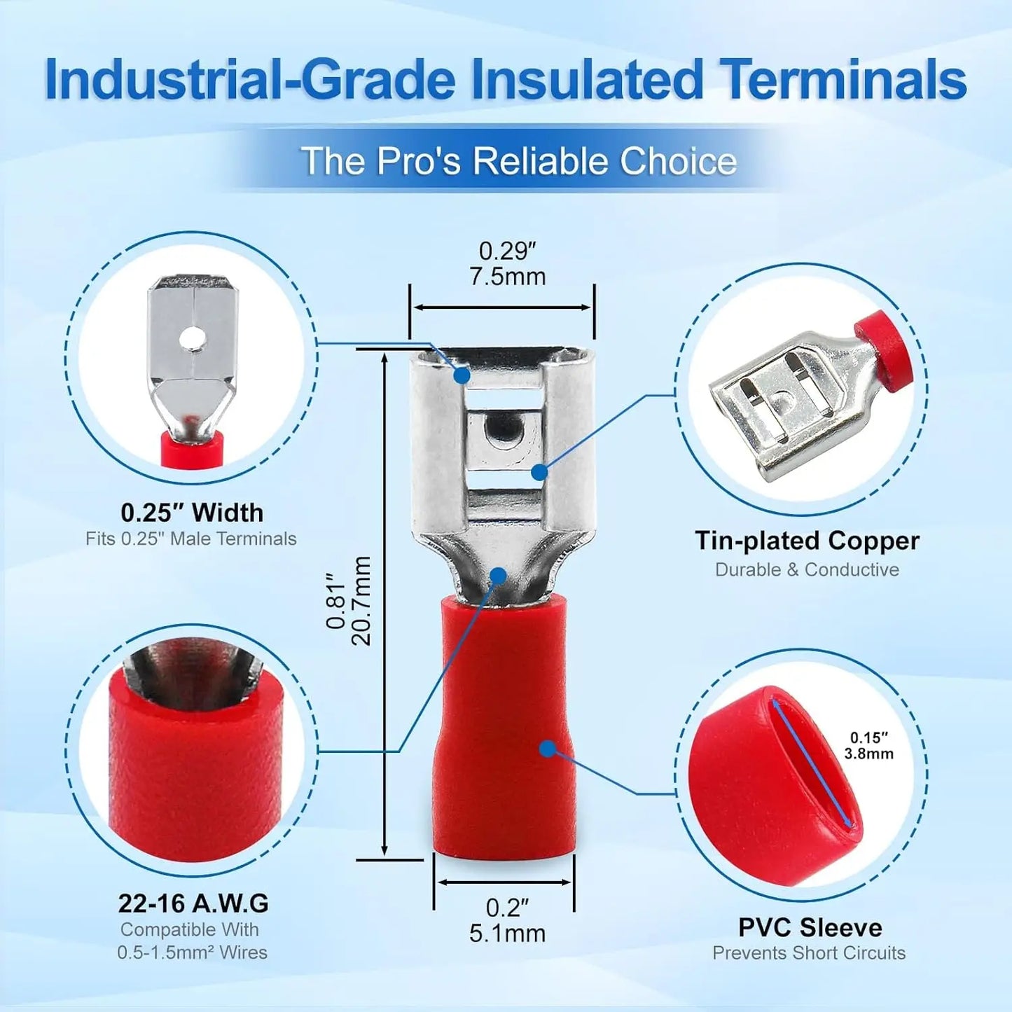 60/80pcs male female insulated spade connector, 6.3mm 1/4" 22-16/16-14/12-10 awg- electrical quick disconnect wire connectors