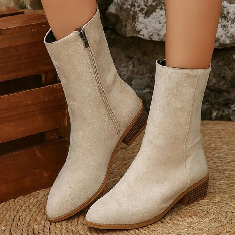 Elegant Square Heel Boots for Women Comfort Pointed Toe Mid Heel Ankle Boots Woman 2025 Plus Size Faux Suede Booties Female