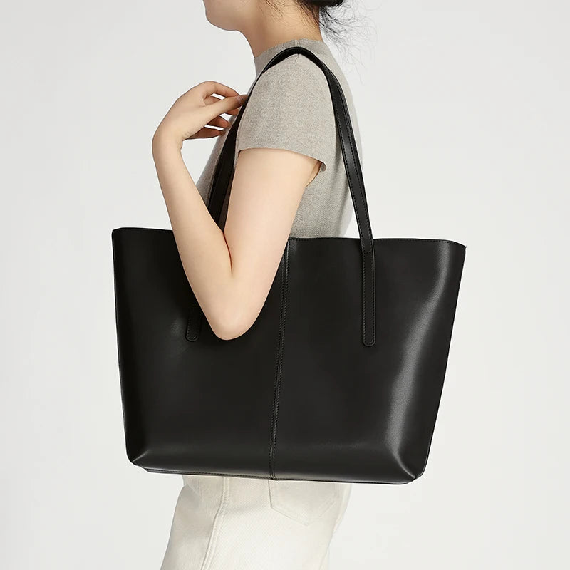 Genuine Cowhide Leather Tote Bag for Women Minimalist Large Capacity Shoulder Bag for Work & Daily Fashion Soft Leather Handbags