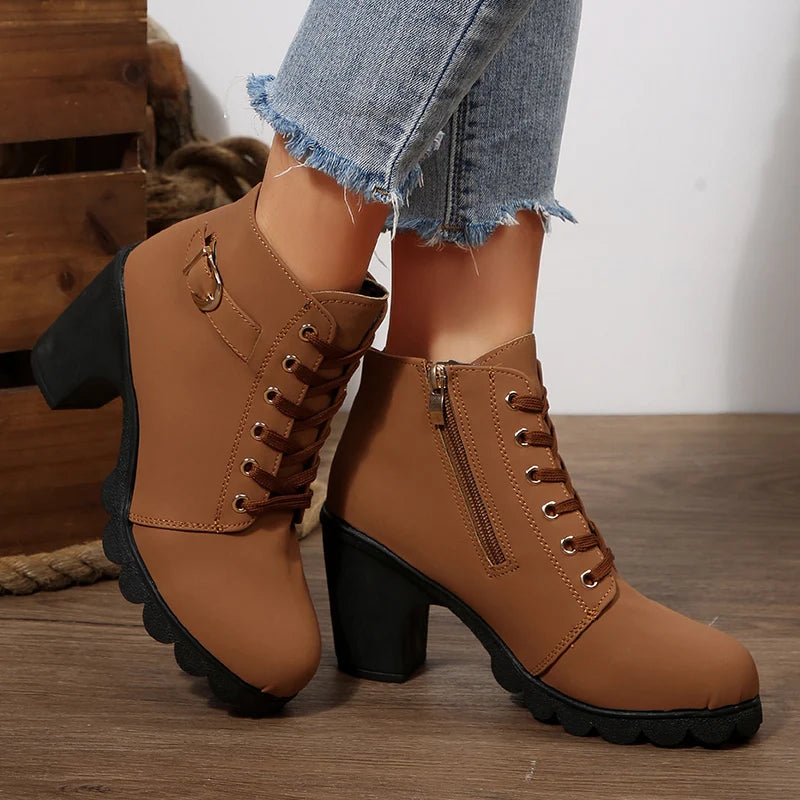 British Style High Heel Ankle Boots Women 2025 Fashion Non Slip Lace Up Short Booties Mujer Thick Heeled High Top Pumps Woman