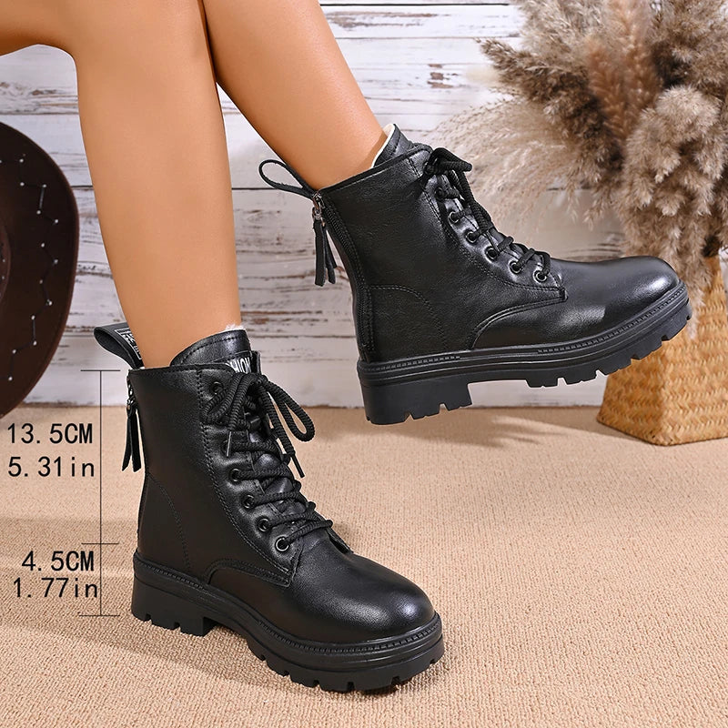 Autumn Winter Thick Plush Ankle Boots Women Fashion Double Zip Platform Motorcycle Boots Woman Non Slip Pu Leather Cotton Botas