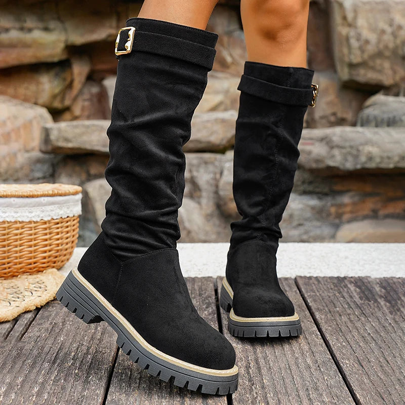 Buckle Decor Black Flock Knee High Boots Women Plus Size 43 Slip On Platform Long Boots Woman Autumn Winter Thick Sole Botas