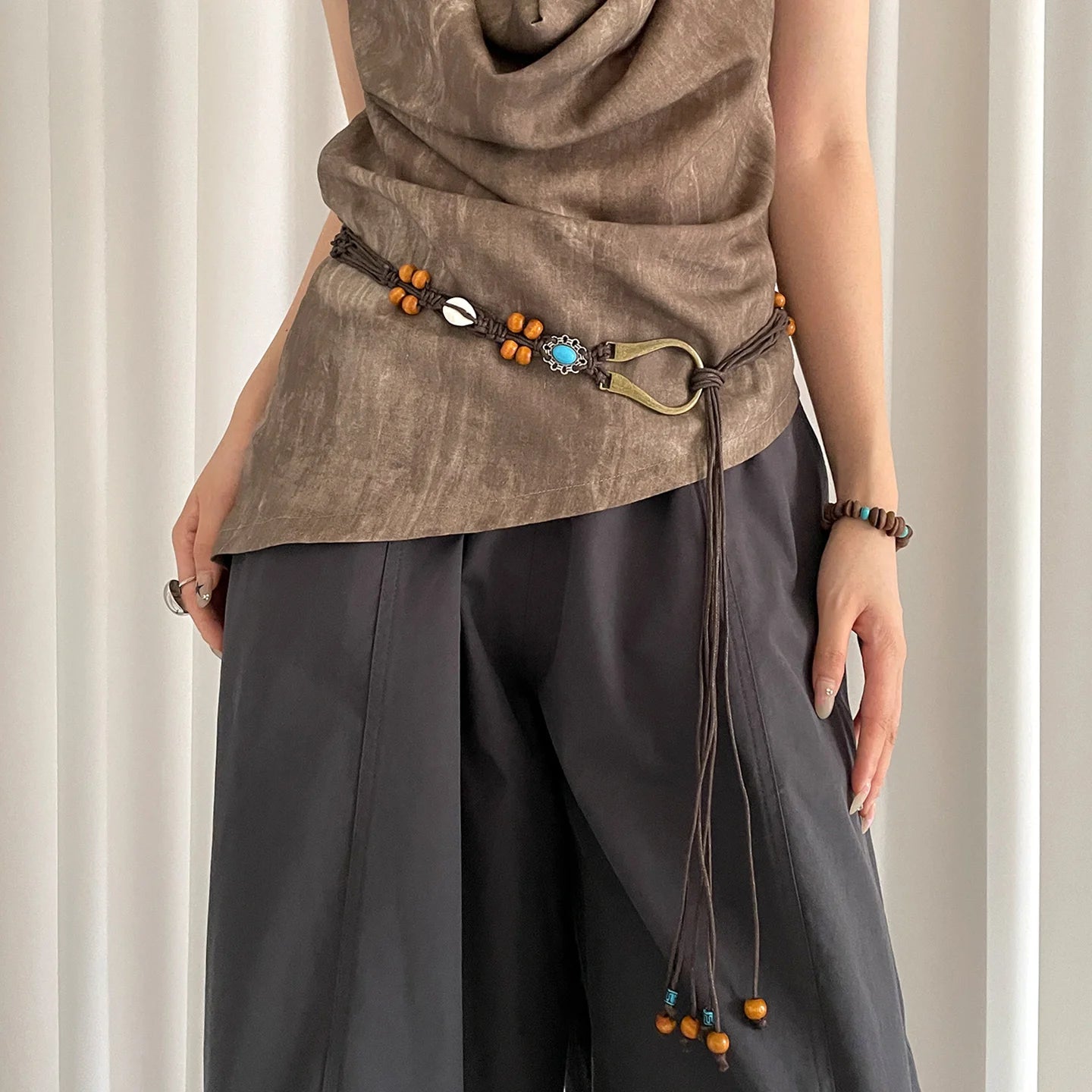 Bohemian Woven Shell Beads Brown Waist Rope Female Minority Retro Ethnic Style With Skirt Thin Waist Belt Accessory