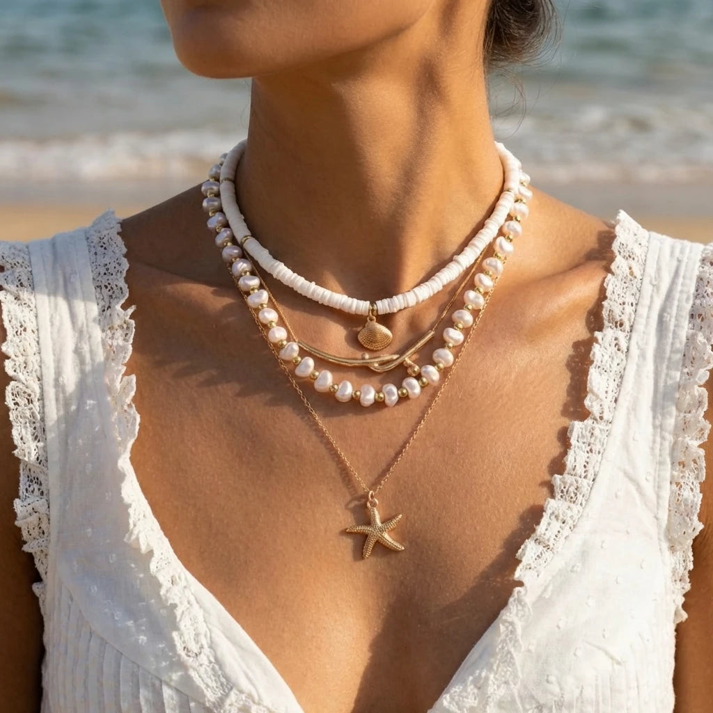 4Pcs/Set Pearl Starfish Shell Necklace Set Bohemian Summer Ocean Multi-layer Pendant Jewelry