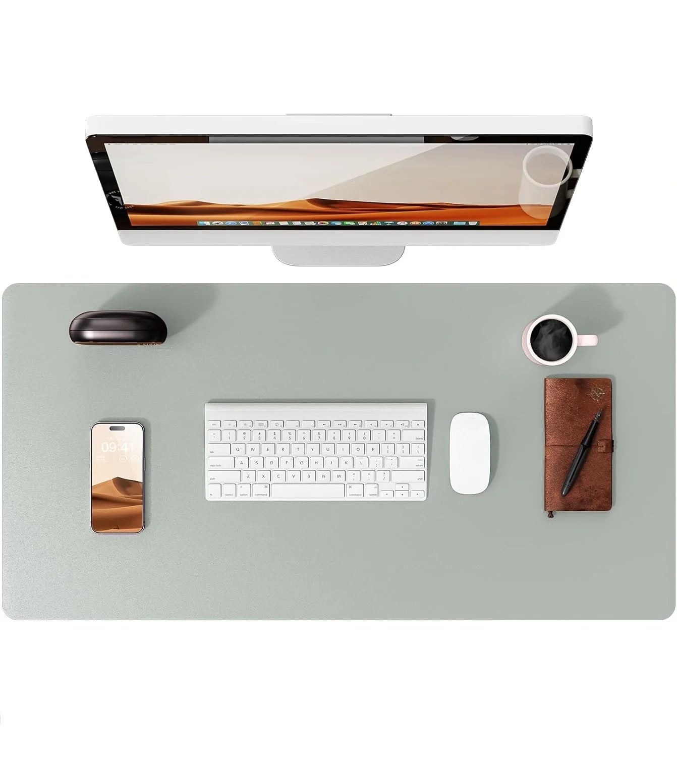 Large GrayGreen Mouse Pad Office Desk Mat Non-Slip PU Leather Desk Pad Protector