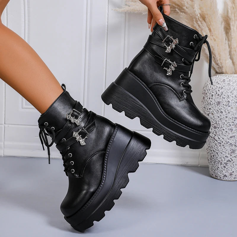 Chunky Wedges Punk Ankle Boots Women Fashion Super High Heels Motorcycle Boots Woman Lace Up Thick Bottom Black Gothic Shoes