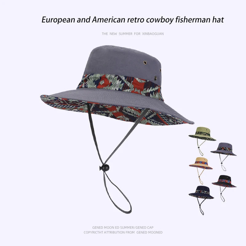 9275-New spring and summer men's and women's wide-brimmedfishermanhatswithethnicstylesuitableforoutdooractivitiessuchahiking