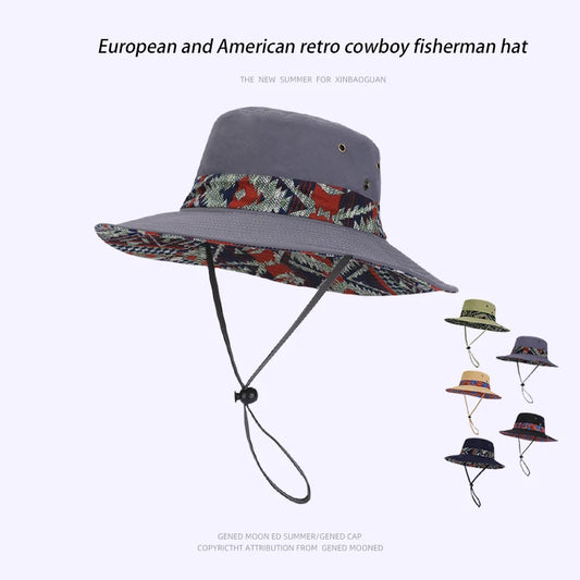 9275-New spring and summer men's and women's wide-brimmedfishermanhatswithethnicstylesuitableforoutdooractivitiessuchahiking