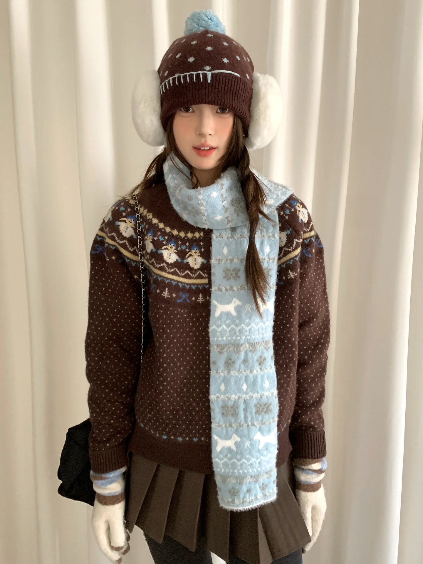 New Fair Lsle Cat Jacquard Knit Scarf For Women Autumn Winter Student Atmosphere Warmth Versatile Neckwear