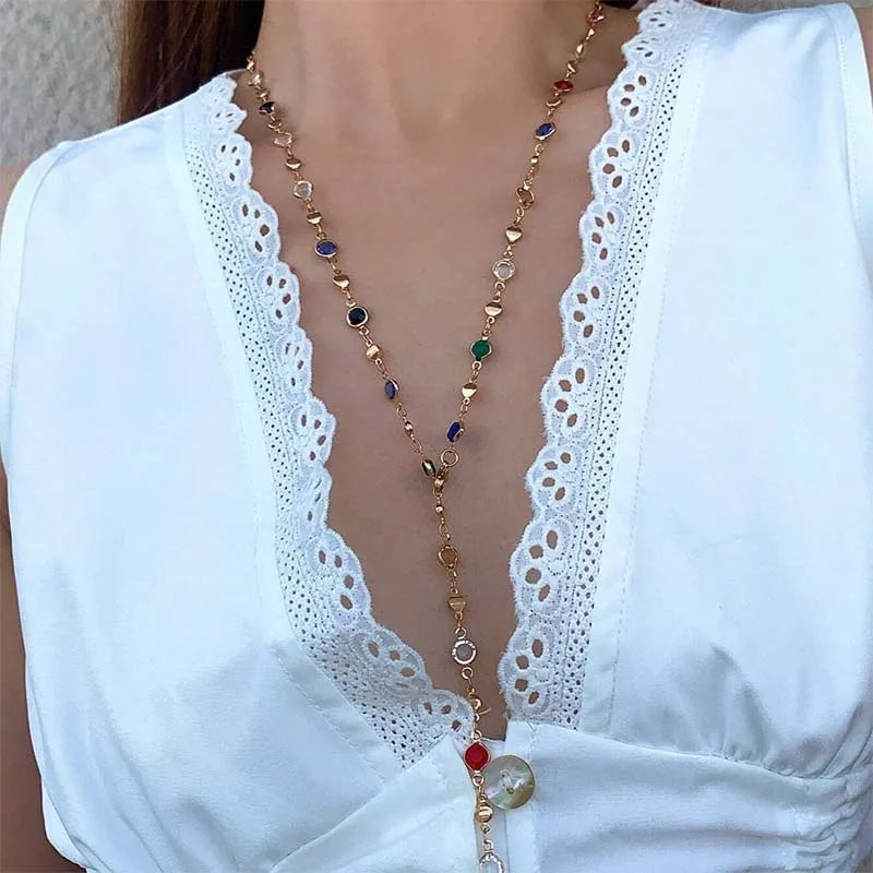 Bohemian Colorful Crystal Long Y-Shaped Necklace Women Fashion Gold Color Collar Chain Beach Party Jewelry Vacation Accessories