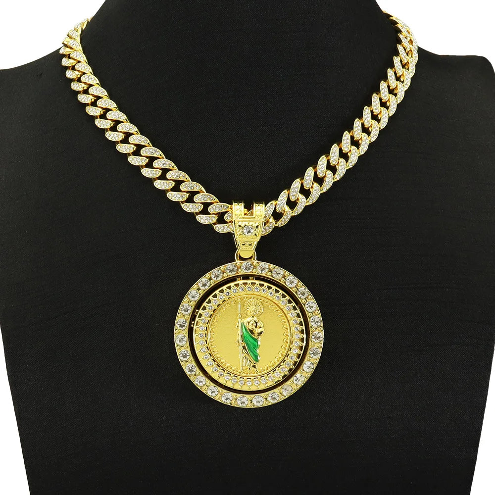 Men's Hip Hop Rotatable St. Jude San Judas Pendant Necklace with Cuban Chain Religious rotation Saint Jude Idol Pendants Jewelry