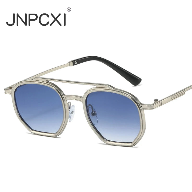 JNPCXI New Retro Double Bridges Men Polygon Small Square Sunglasses Fashion Clear Ocean Gradient Lens Eyewear Women Metal Frame