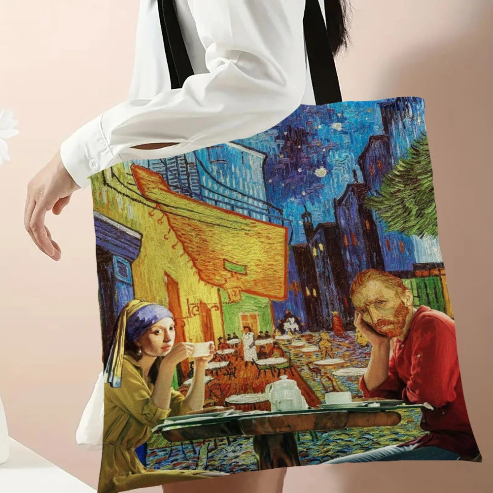 Van Gogh Series Linen Bag Oil Painting Starry Night Flower Handbag Shoulder Bag