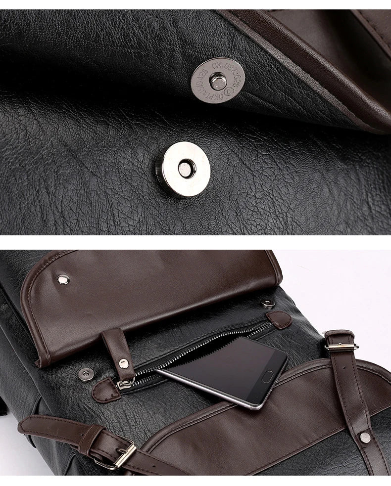 Khaki Vintage Laptop Leather Backpacks School Travel, Casual PU Leather Men Bags