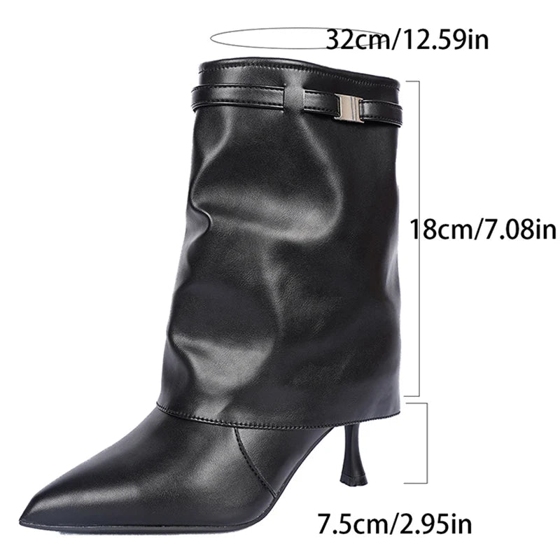 Luxury Black Thin High Heels Ankle Boots Women Sexy Pointed Toe Black Pu Leather Boots Woman Slip On Fashion Short Booties 43