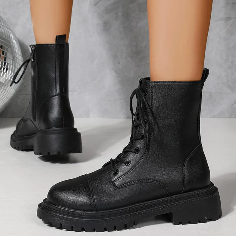 2025 Fashion Leather Lace-Up Ankle Boots for Women Wear-Resistant Zip Platform Woman Bootie Round Toe Zip Women's Boots