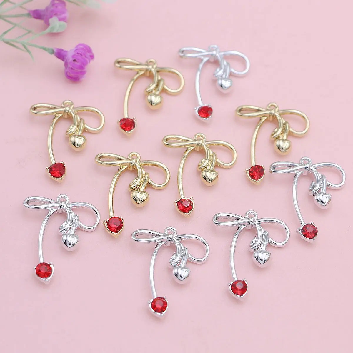 10Pcs Golden/Silvery Color Red Crystal Bow Charms Pendant for Jewelry Making Necklace Earrings Accessories DIY Bracelet