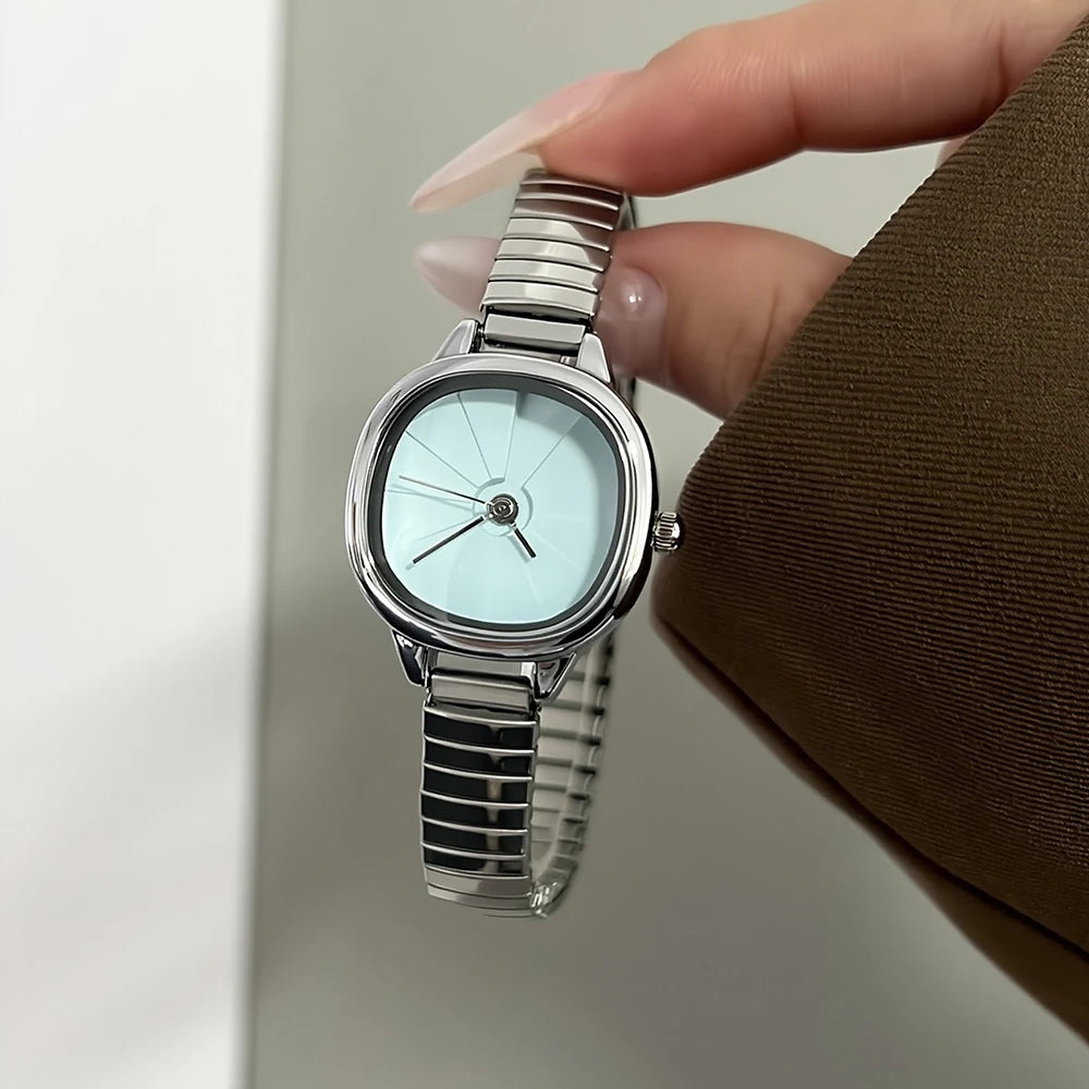 GEDI Small Vintage Watch Woman Square Buckle-Free Stretch Steel Strap Quartz Ladies Watches Luxury Niche Minimalist Watch