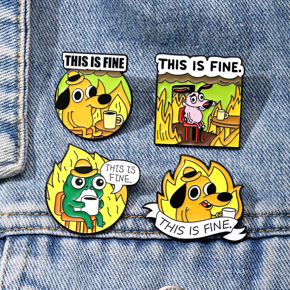 4PCS Yellow Anime Cartoon "This Is Fine" Hound Dog Chair Comic Brooch Animals Flames Enamel Pins Fashion Cute Bag Backpack Jewel
